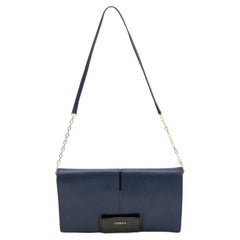 Furla Blue/Black Leather Flap Chain Shoulder Bag