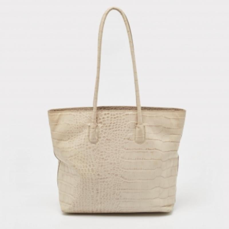 Furla Creme Croc geprägte Leder Tote (Beige) im Angebot