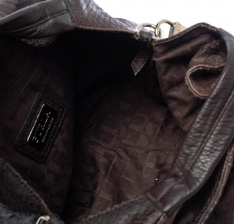 Women's Furla Dark Brown Python Embossed Leather Elisabeth Hobo For Sale