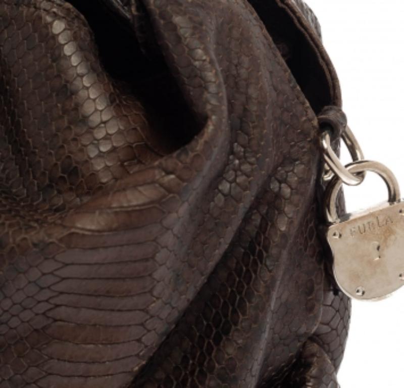 Furla Dark Brown Python Embossed Leather Elisabeth Hobo For Sale 3