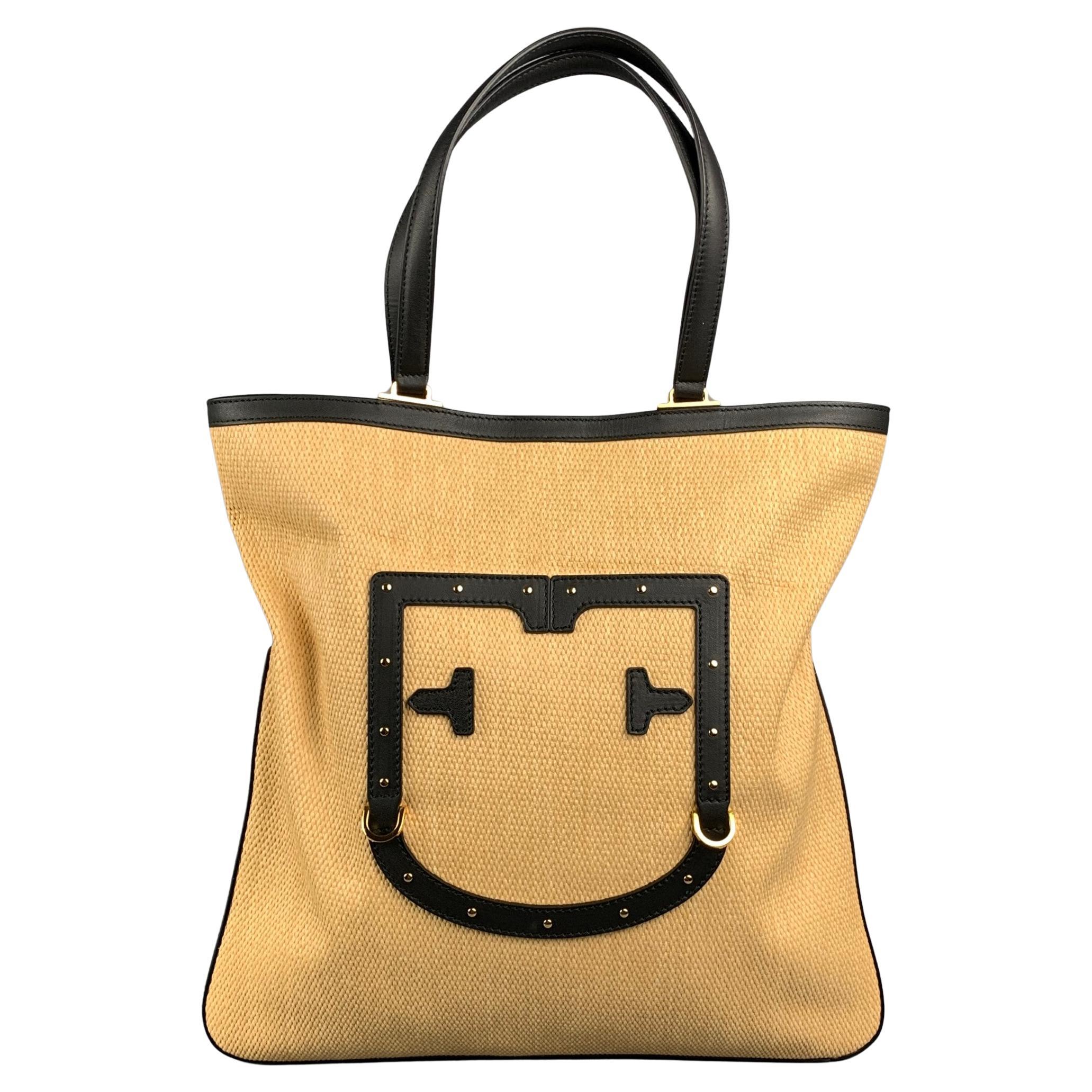 FURLA Fortezza Beige and Black Straw Leather Trim Tote Handbag For Sale at  1stDibs