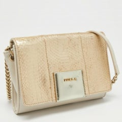 Furla Gold/Cream Leather and Python Embossed Leather Shoulder Bag