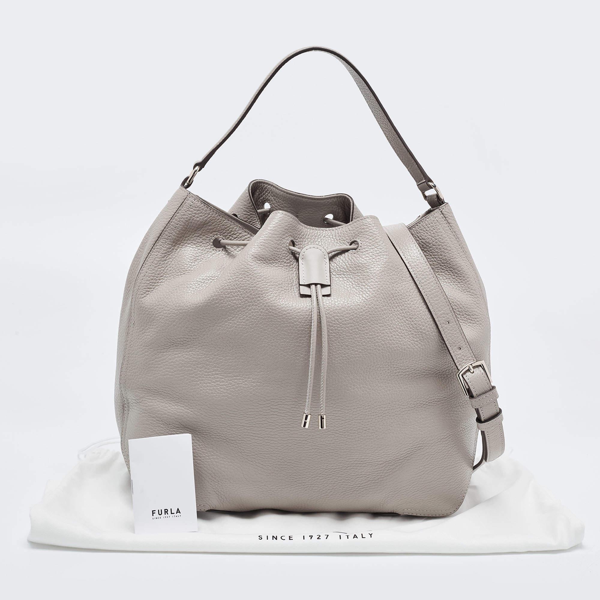 Women's Furla Grey Leather Atena Drawstring Bucket Bag