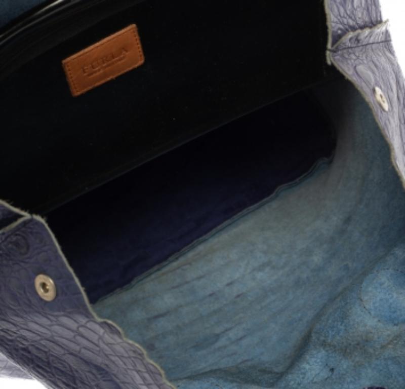 Black Furla Indigo Croc Embossed Leather Tote For Sale