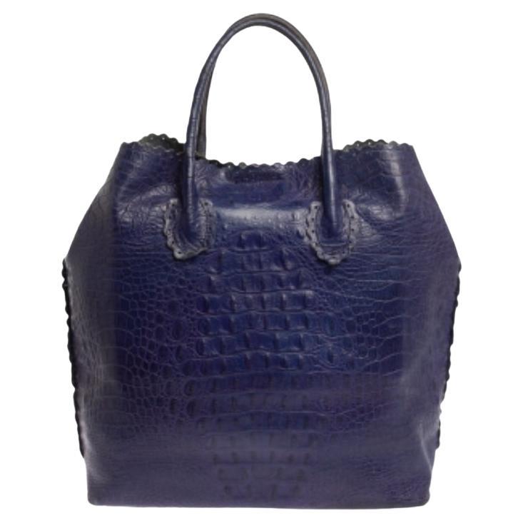 Furla Indigo Croc Embossed Leather Tote For Sale