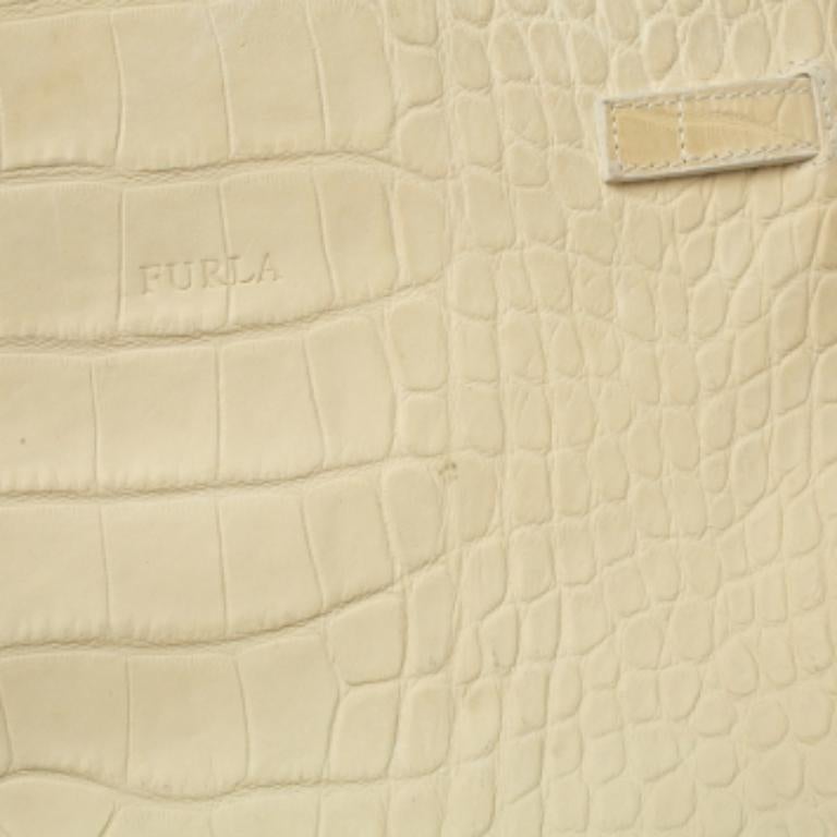 Furla Light Cream Croc Embossed Leather Presslock Tote For Sale 5