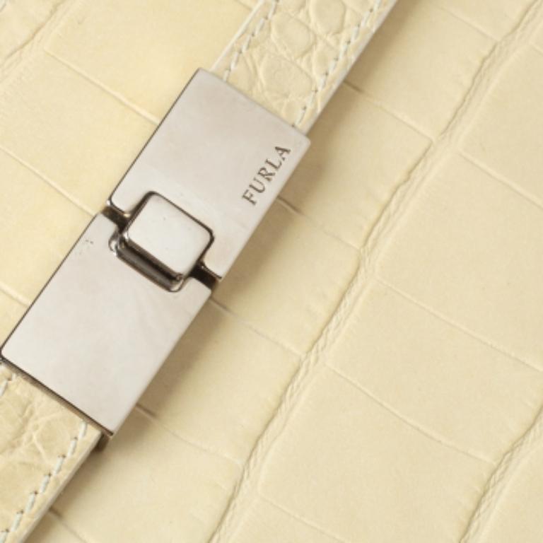 Furla Light Cream Croc Embossed Leather Presslock Tote For Sale 1
