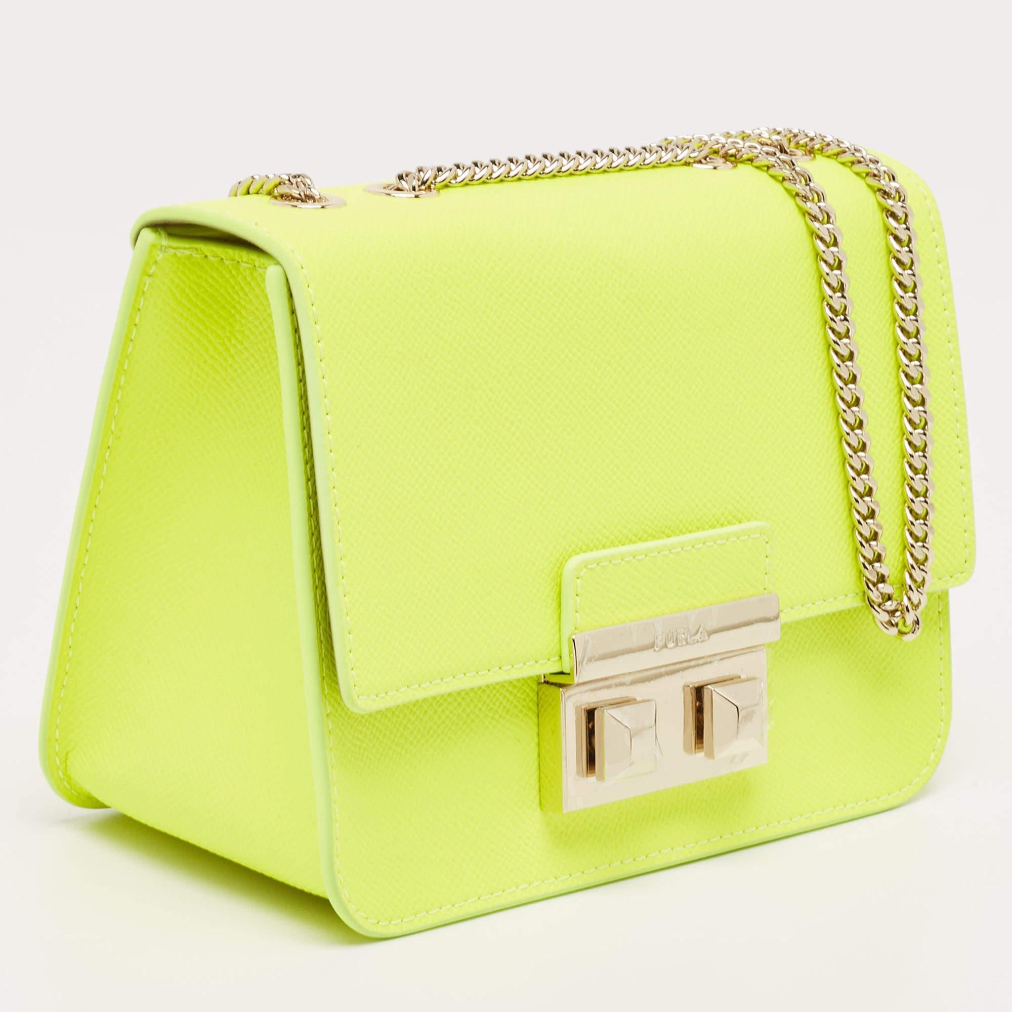 Yellow Furla Neon Green Leather Mini Bella Crossbody Bag For Sale