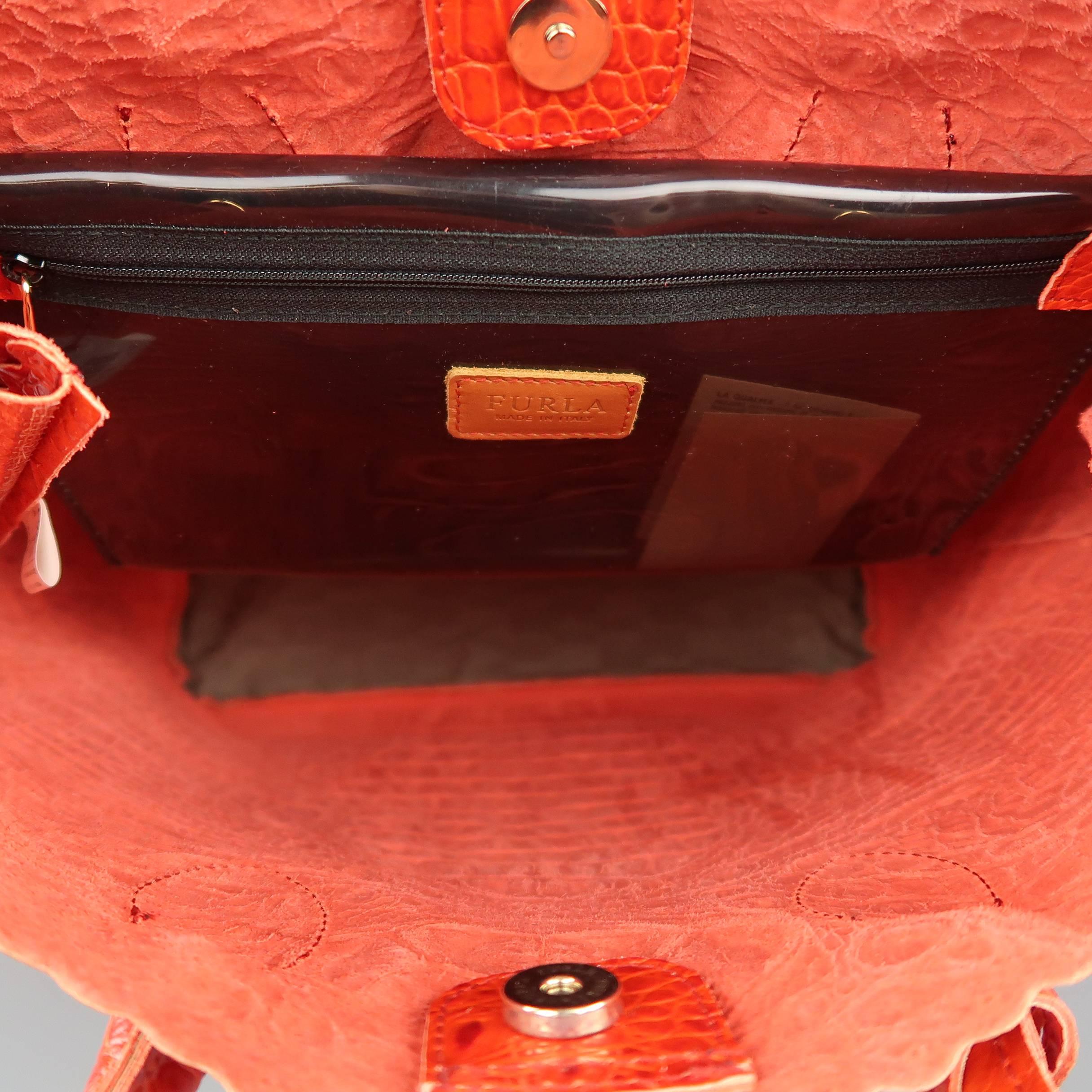 FURLA Orange Alligator Embossed Leather Tote Handbag 2