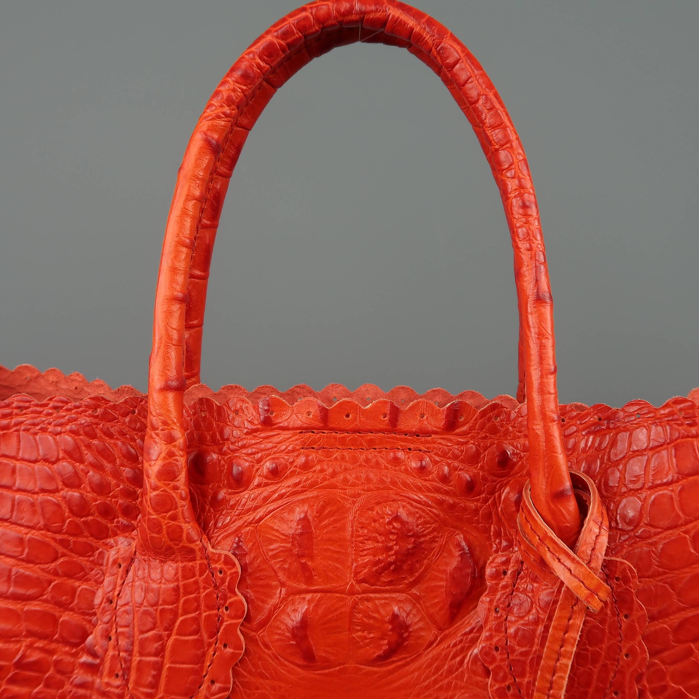 Red FURLA Orange Alligator Embossed Leather Tote Handbag
