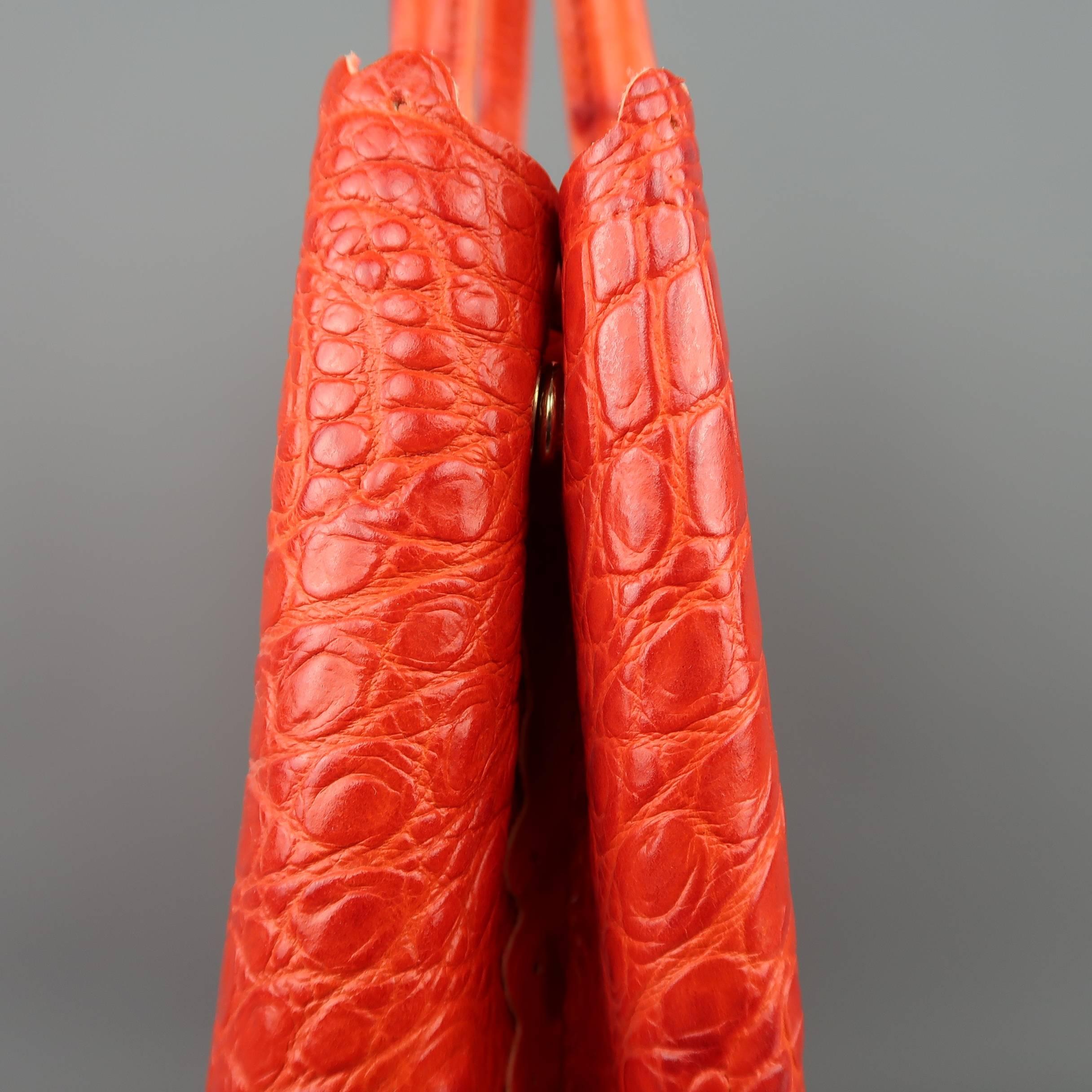 Women's FURLA Orange Alligator Embossed Leather Tote Handbag