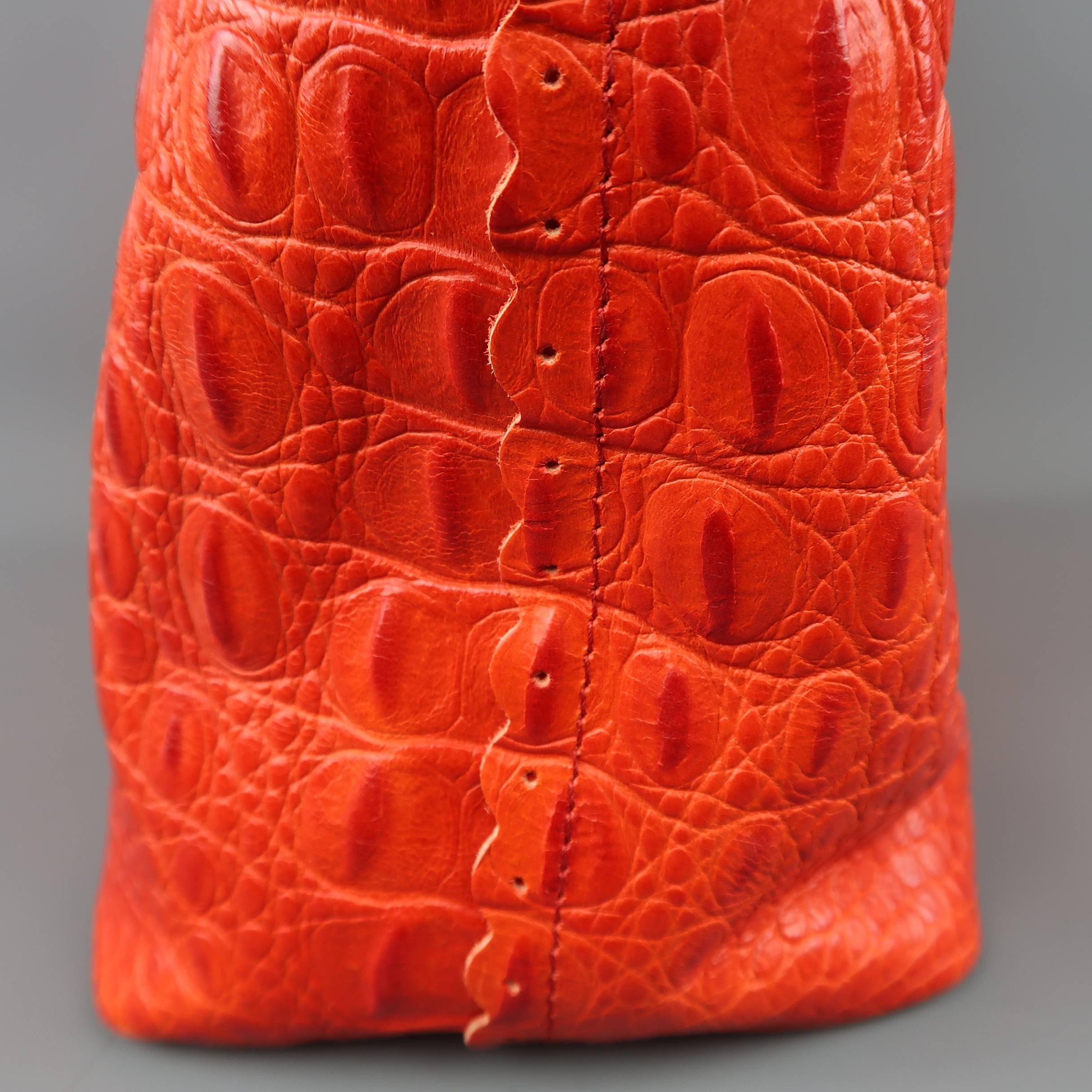 FURLA Orange Alligator Embossed Leather Tote Handbag 1