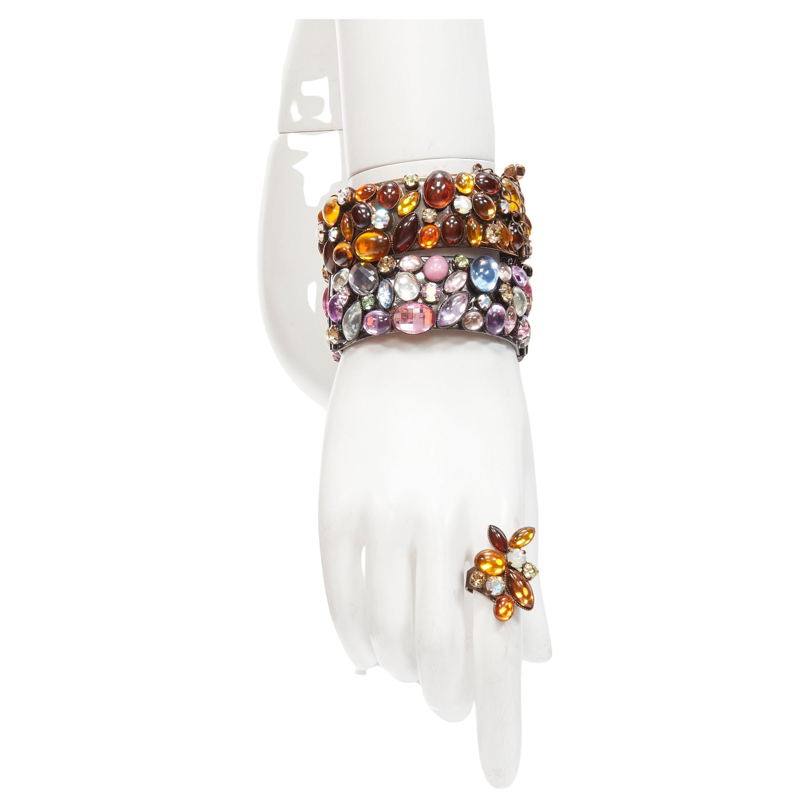 FURLA orange purple rhinestone embellished 2 bangles cocktail ring set For Sale