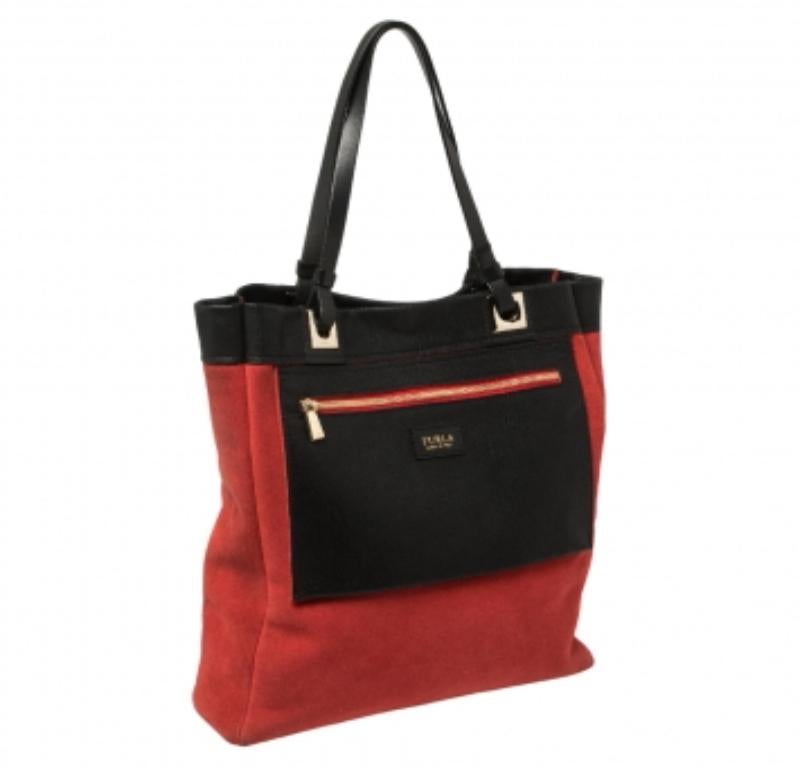 Furla Red/Black Textured Leather and Suede Tote For Sale 2