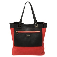 Furla Red/Black Textured Leather and Suede Tote