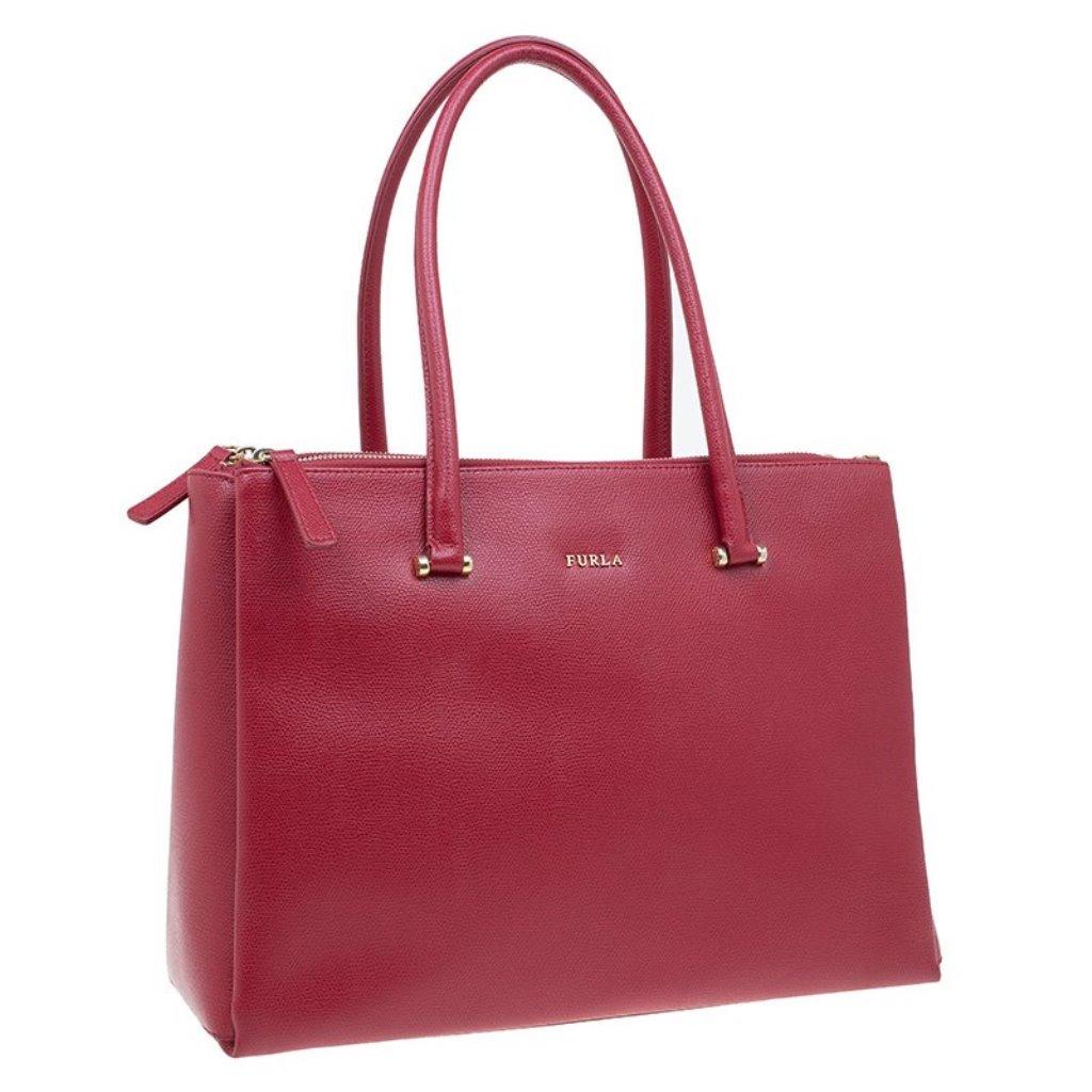 Women's Furla Red Textured Leather Large Lotus Tote