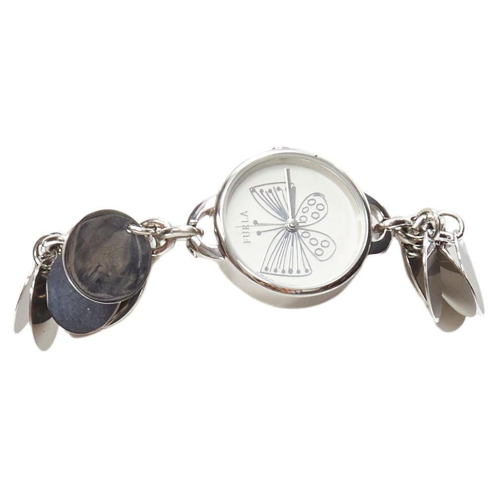 FURLA scribble butterfly logo silver disc chain watch bracelet For Sale