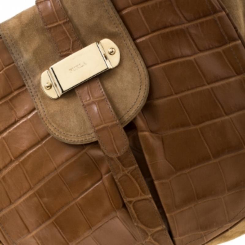Furla Tan Suede and Croc Embossed Leather Hobo en vente 5