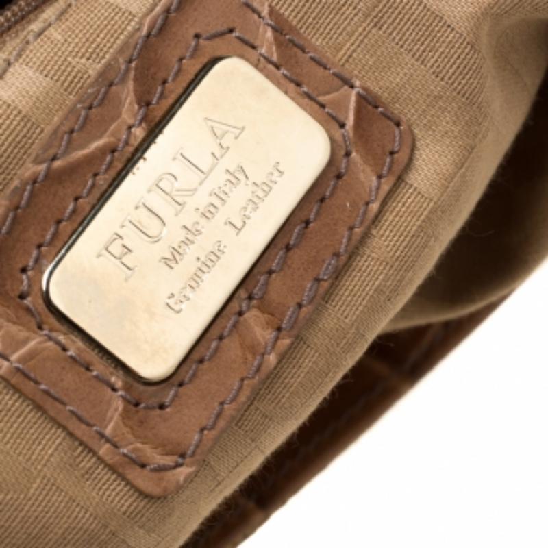 Marron Furla Tan Suede and Croc Embossed Leather Hobo en vente