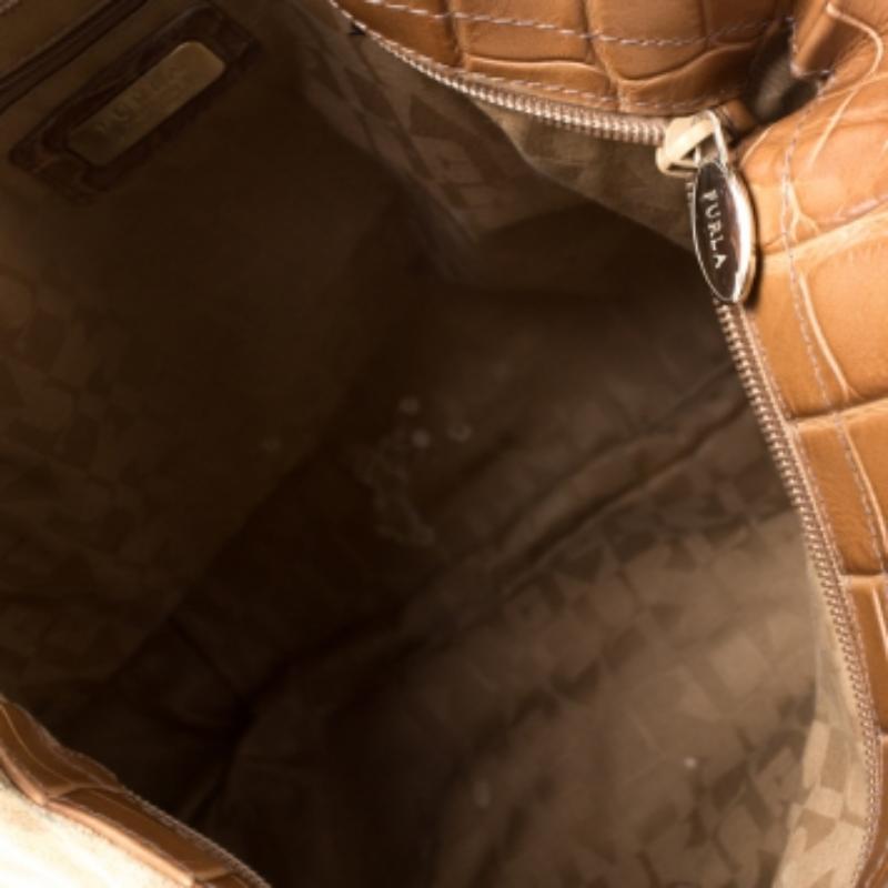 Furla Tan Suede and Croc Embossed Leather Hobo en vente 1