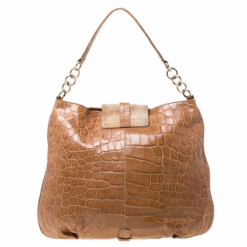 Furla Tan Suede and Croc Embossed Leather Hobo en vente 3