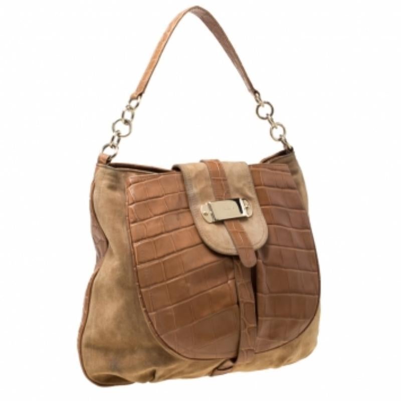 Furla Tan Suede and Croc Embossed Leather Hobo en vente 4