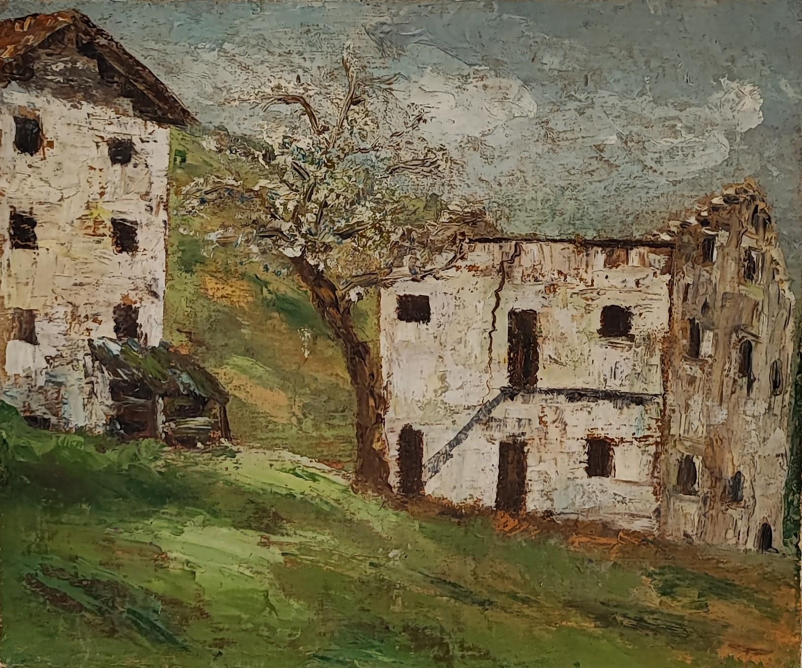 Countryside landscape with flowering fruit tree