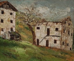 Countryside landscape with flowering fruit tree