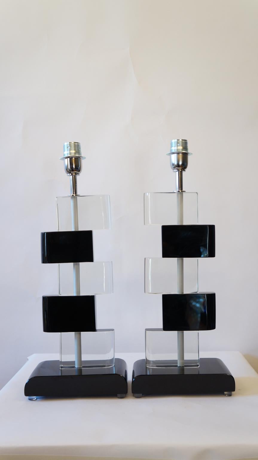 Italian Furnace Donà Mid-Century Modern Black Crystal Two Murano Glass Table Lamps, 1975 For Sale
