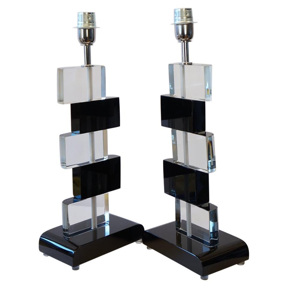 Furnace Donà Mid-Century Modern Black Crystal Two Murano Glass Table Lamps, 1975