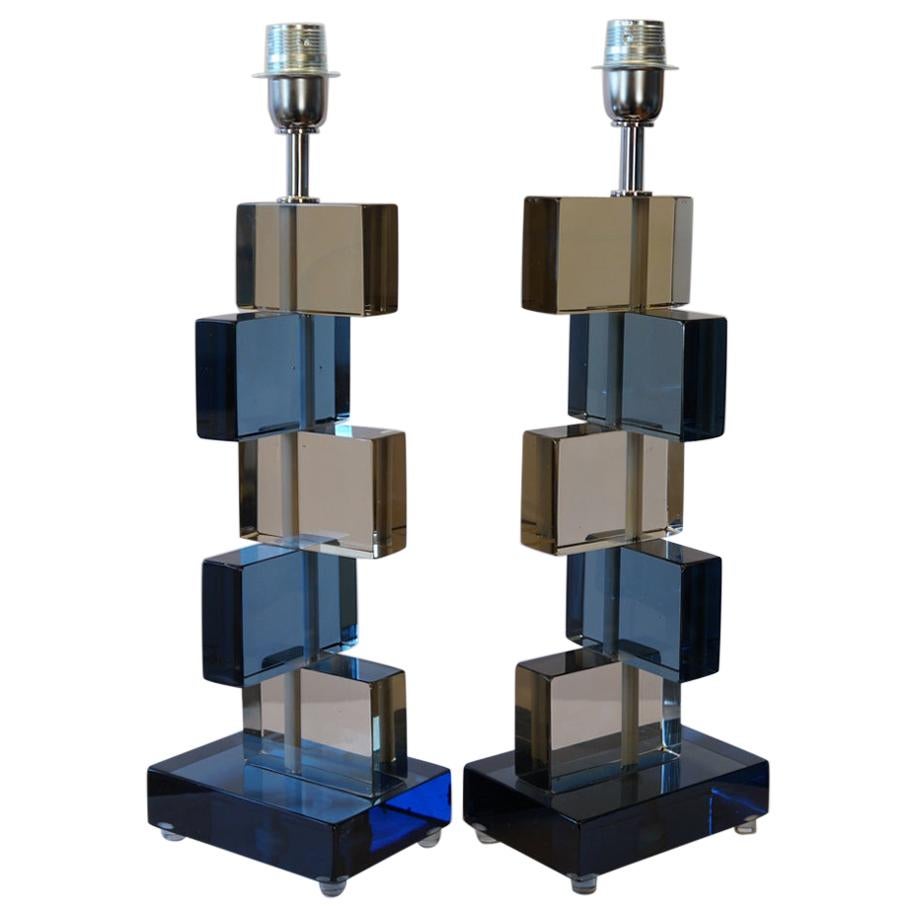 Furnace Donà Mid-Century Modern Blue Smoky Two Murano Glass Table Lamps, 1975 For Sale