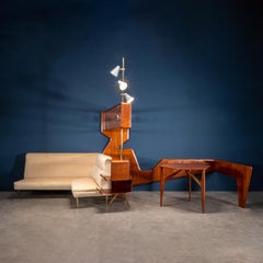 Furniture Mahogany Veneer Brass Glass Foam Padding and Fabric, 1950s