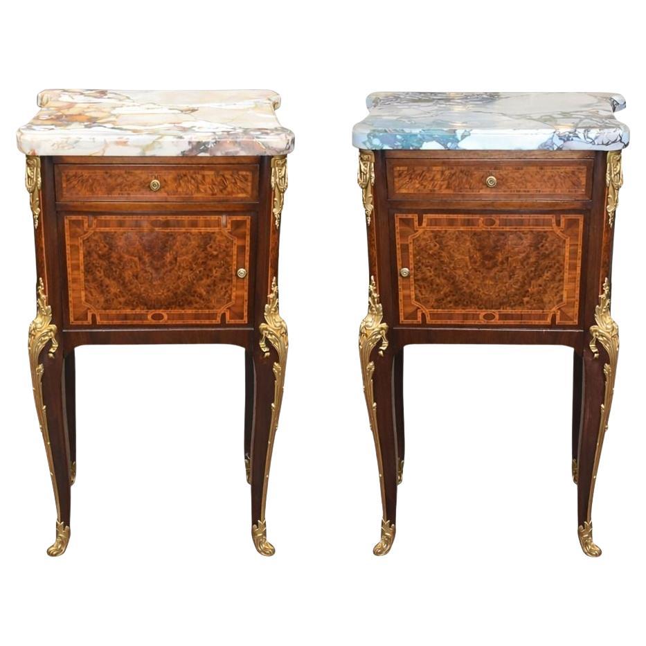 Pair French Bronze-Mounted Marble-Top Nightstands Louis XV Style, Late 19th C.