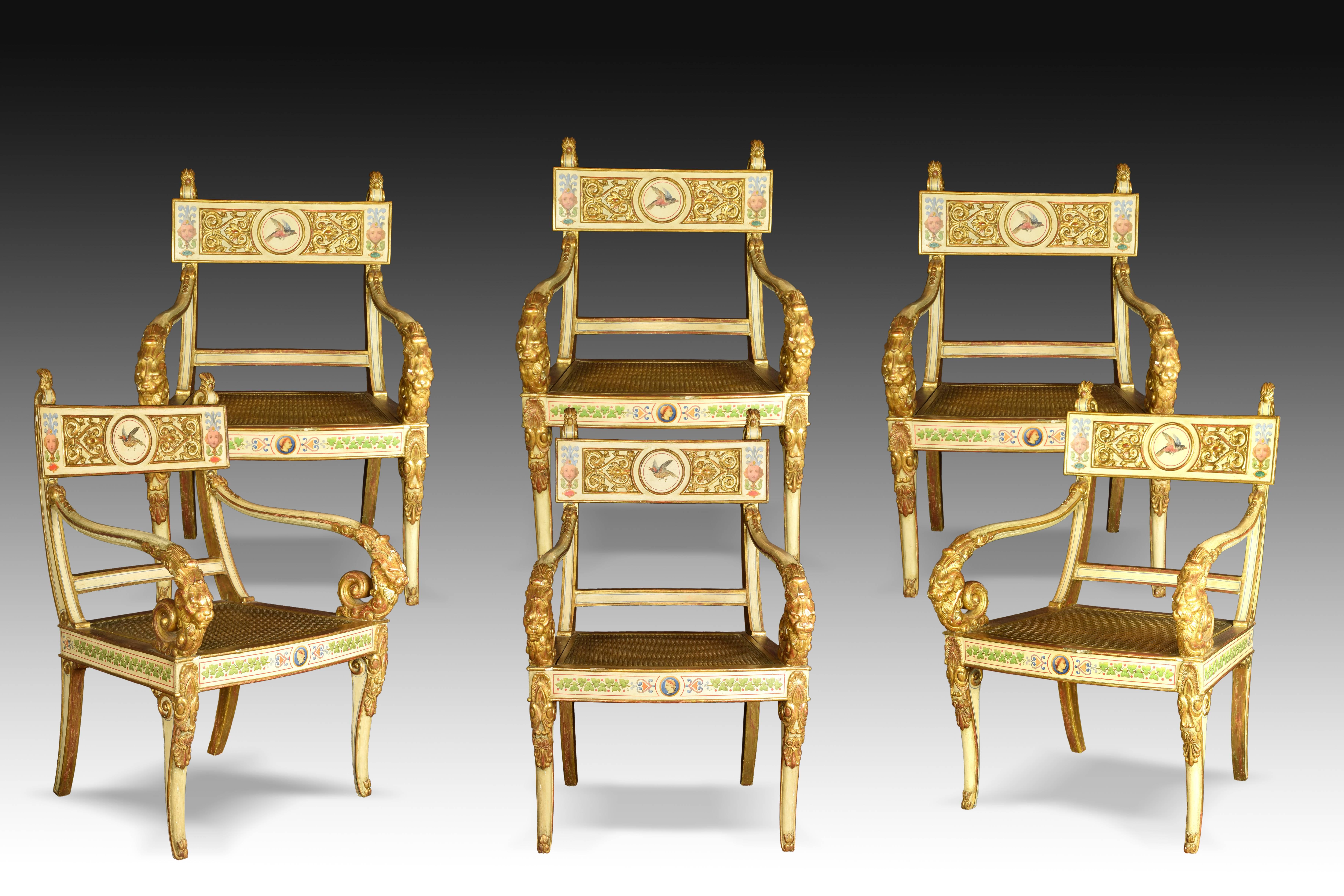 Neoclassical Furniture Set, Wood Carved, Painted and Gilded, Possibly Spain, 19th Century