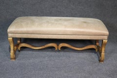 Large Distressed Finish French Leather Mutton Leg Louis XV Window Bench Stool