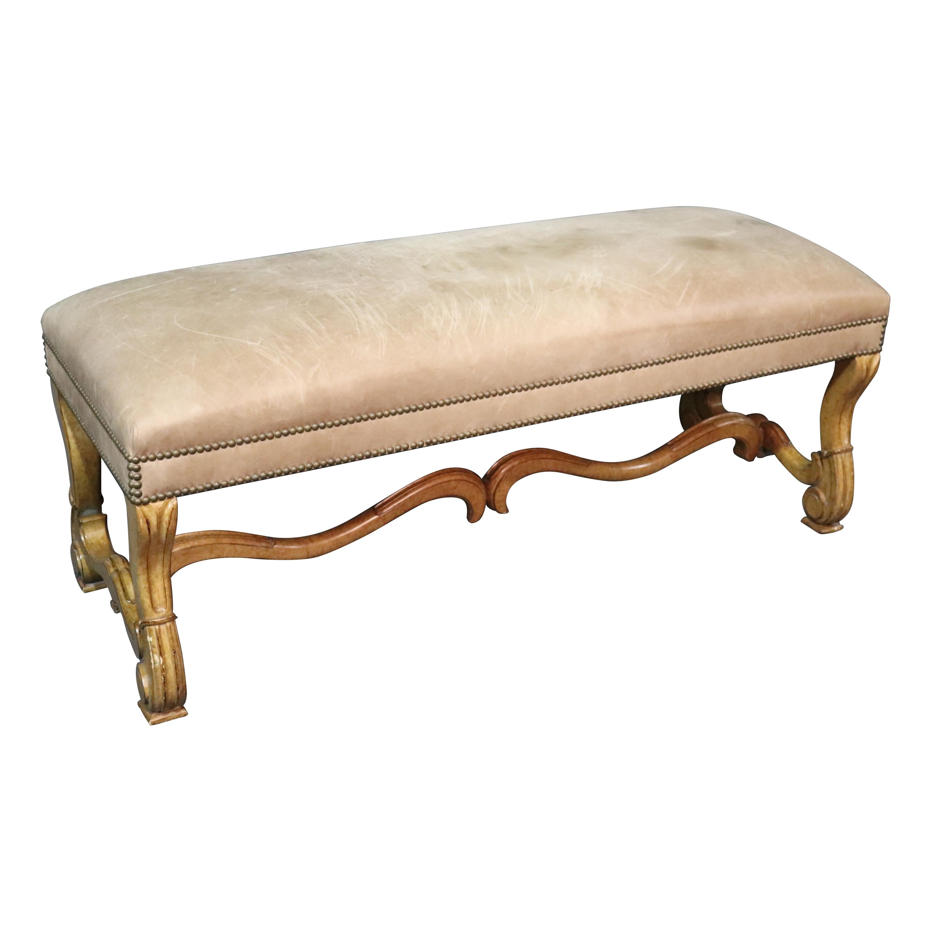 Large Distressed Finish French Leather Mutton Leg Louis XV Window Bench Stool