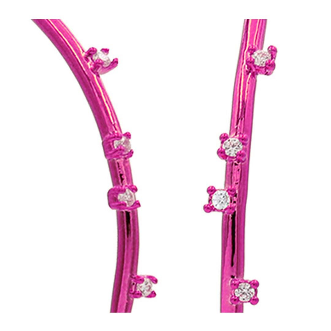High polished 2.55 inch fuschia ceramic plated brass thread hoop with scattered prong set white Cubic Zirconia stones and sterling silver post. The understated glamour of these thread earrings with CZ is that they are randomly placed for an