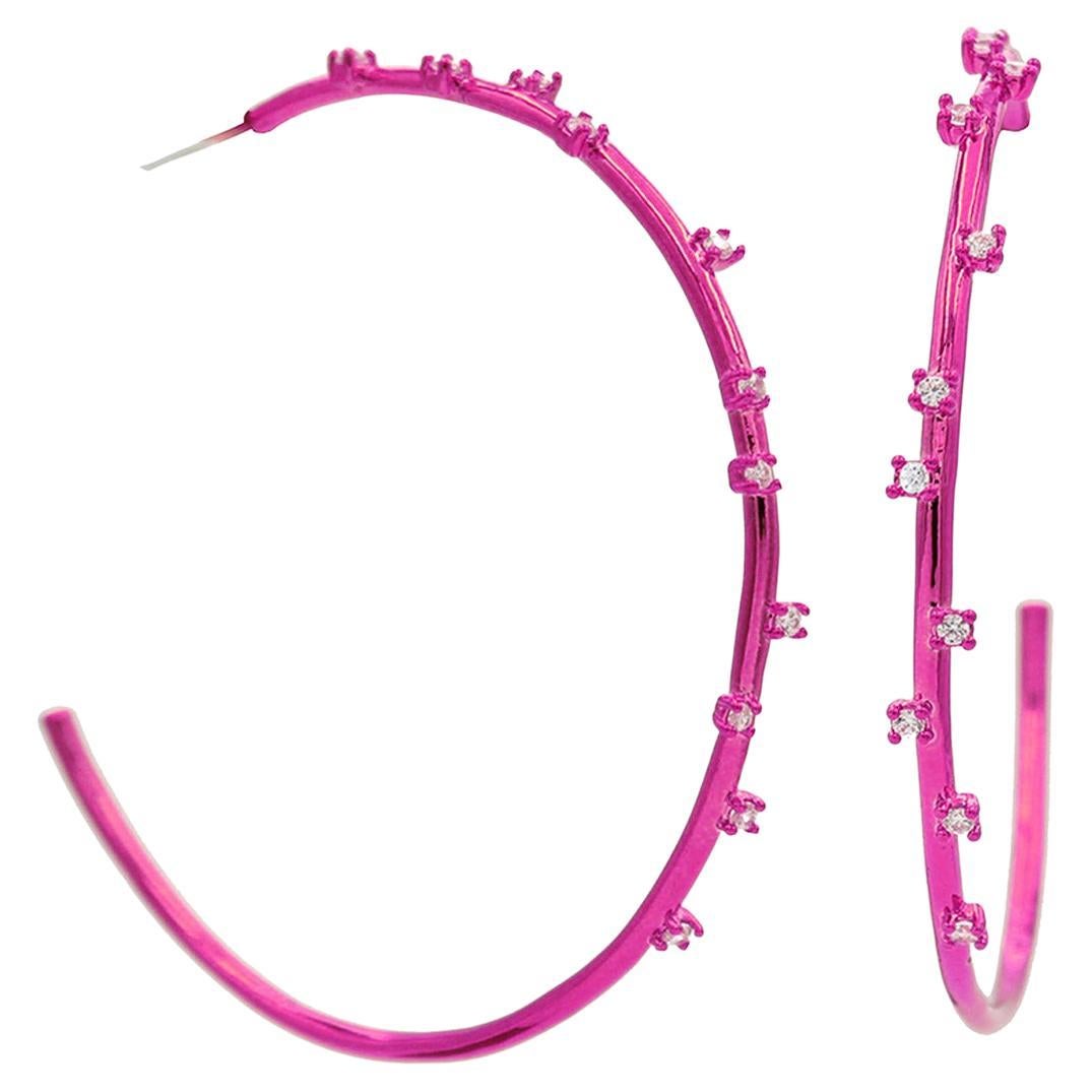 Fuschia Ceramic Plated Luysa 2.55 Inch Hoop With Scattered Cubic Zirconia For Sale