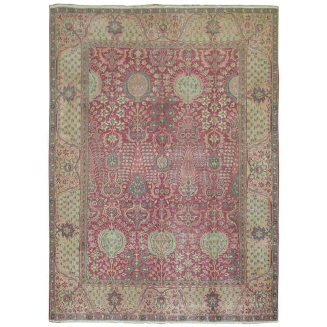 Fushia Square Rug Square Botanical Floral Vintage East Turkestan Rug For Sale at 1stDibs