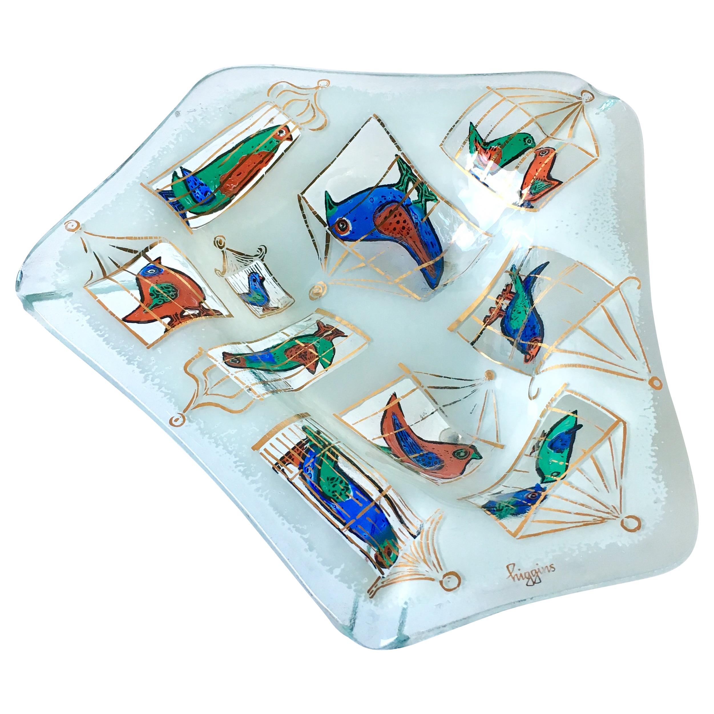 Fused Glass Ashtray Illustrating Birdcages by Higgins For Sale