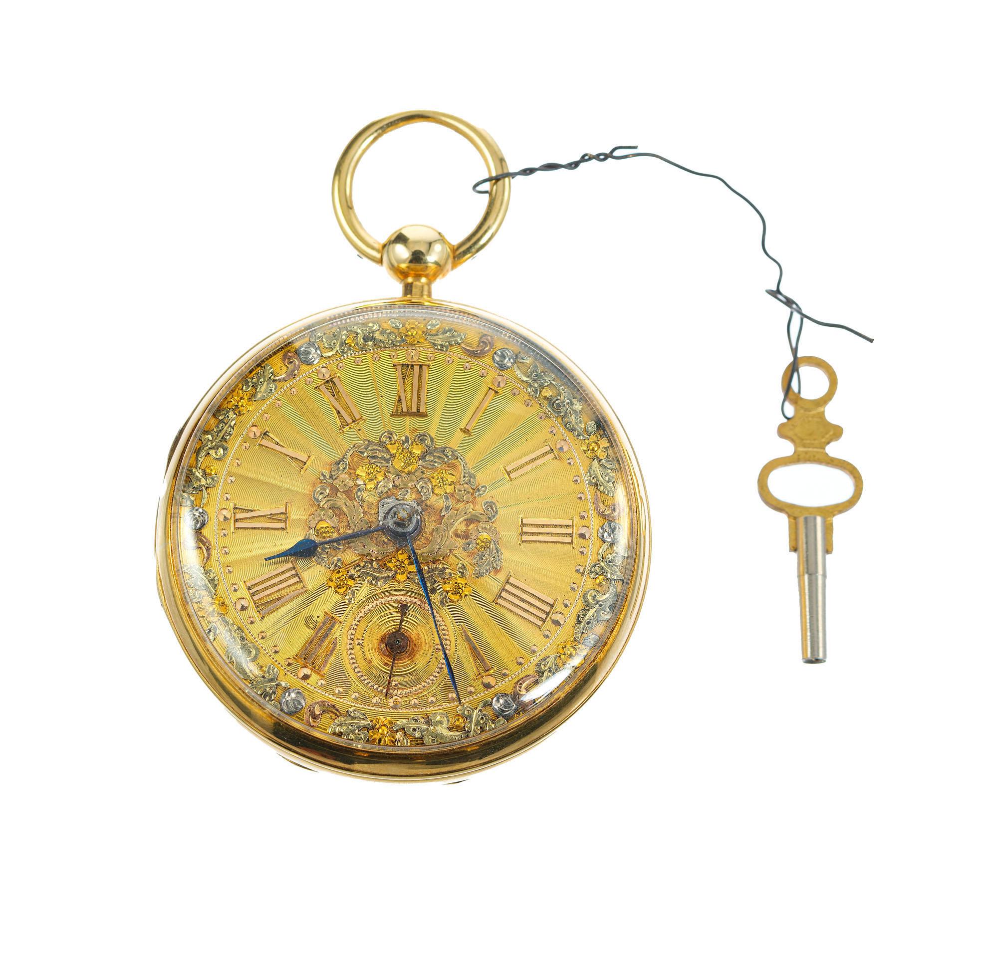 Open face John Moncas Liverpool 18k gold pocket watch. circa 1810-1840 with solid gold tri color highly detailed dial. Runs well and keeps good time. Fusee chain drive movement, key wind, key set. 

18k Yellow, white & rose gold 
Diameter: