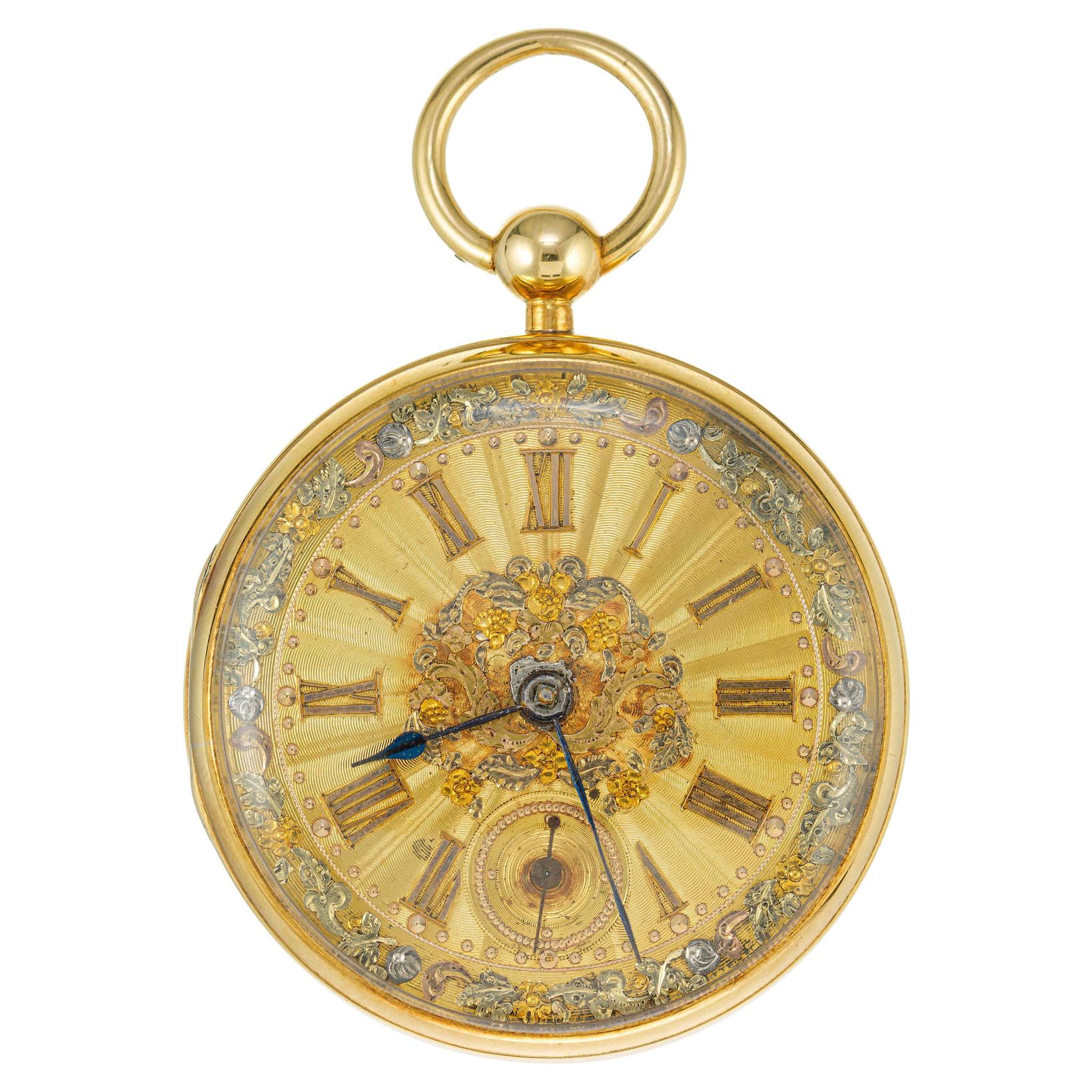 Fusee Chain Drive 1800's John Moncas 18k Tri Color Gold Dial Pocket Watch For Sale