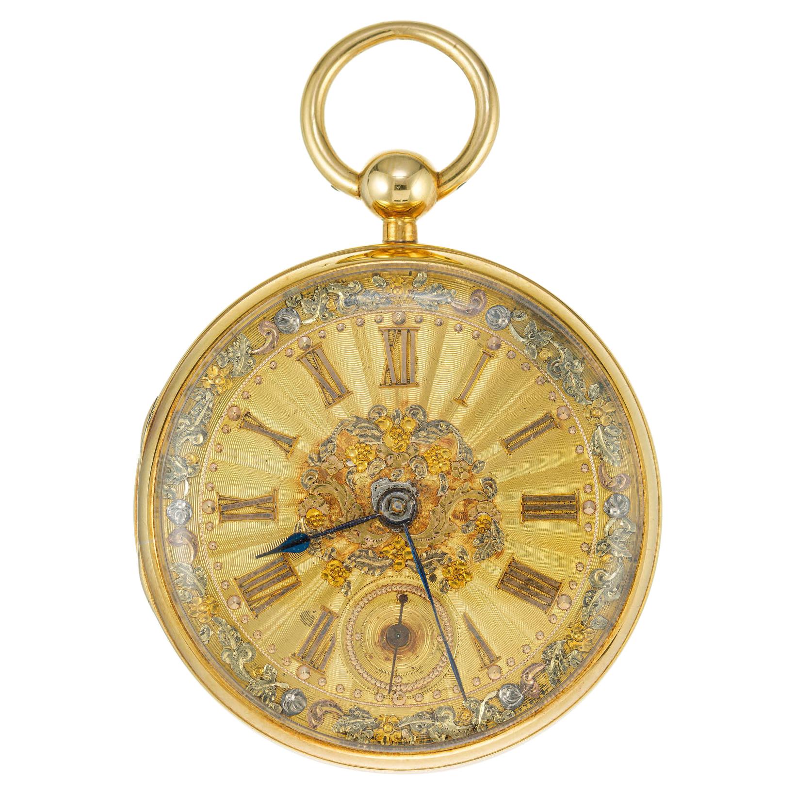 Fusee Taschenuhr mit Kettenantrieb 1800er John Moncas 18k Dreifarbiges Gold Zifferblatt im Angebot