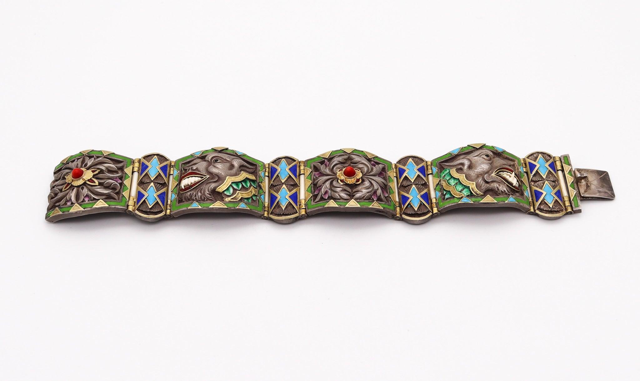 FUSET & GRAU 1930 Barcellona Bracciale smaltato Noucentisme in argento e oro in vendita 1