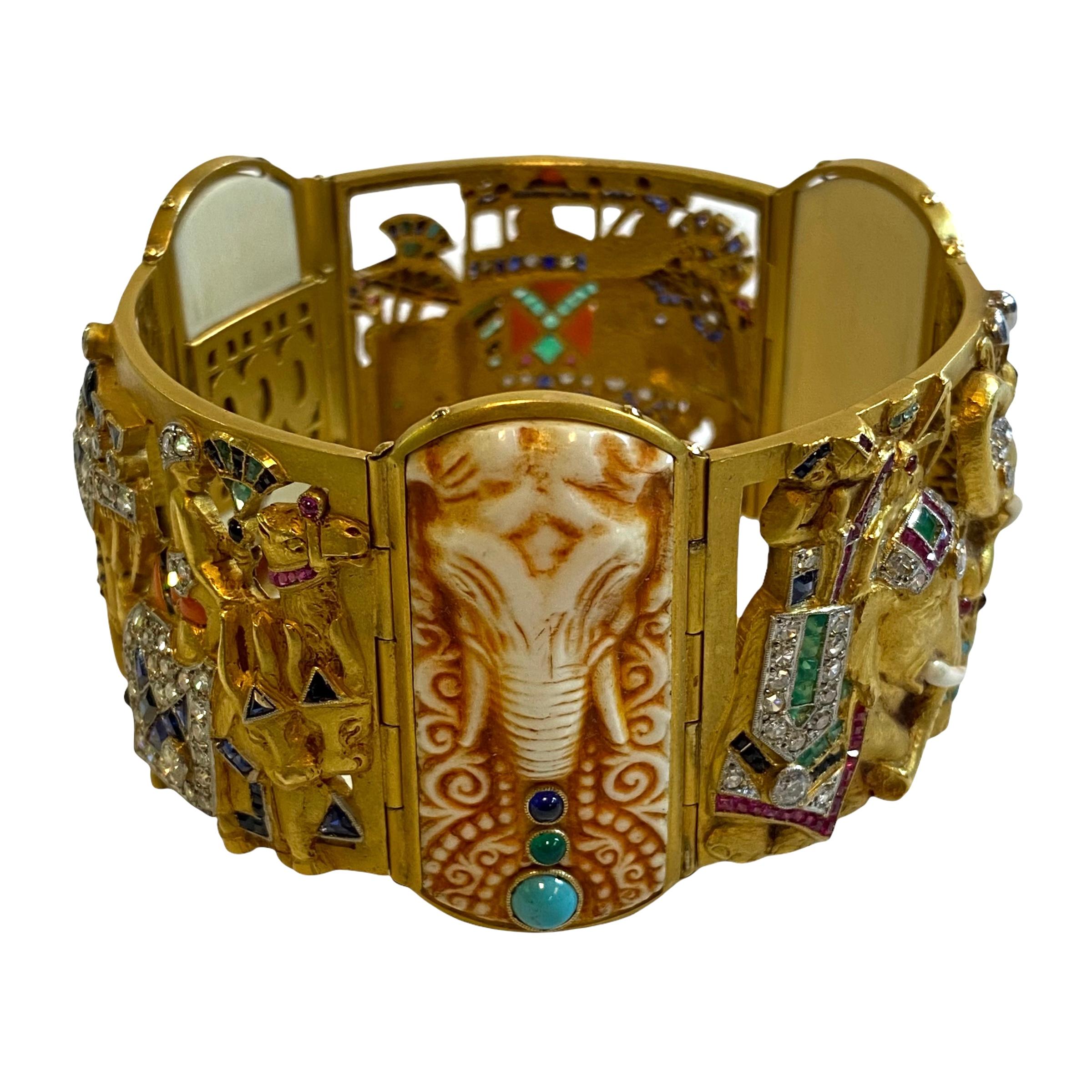 Spanish Fuset y Grau Indian Style 18K Gold Gem-Set and Diamond Bracelet For Sale