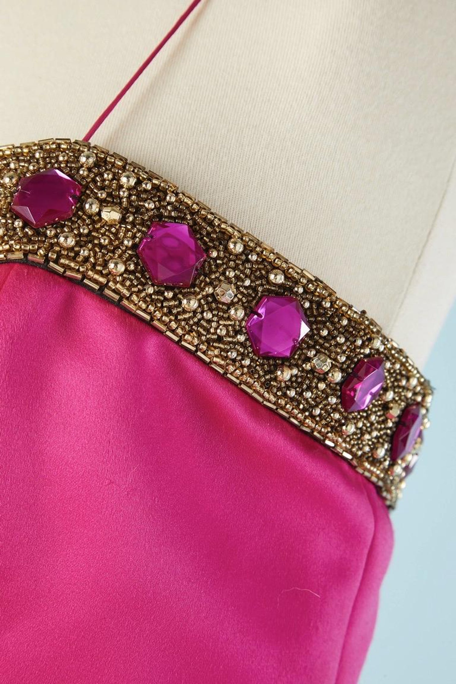 Fushia and black satin bustier evening gown with beaded work Bill Blass For  Sale at 1stDibs