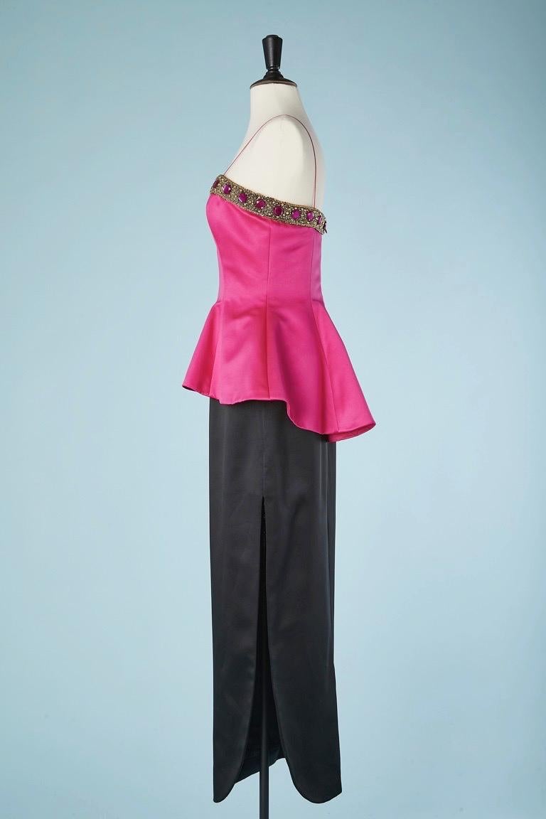 Fushia and black satin bustier evening gown with beaded work Bill Blass
