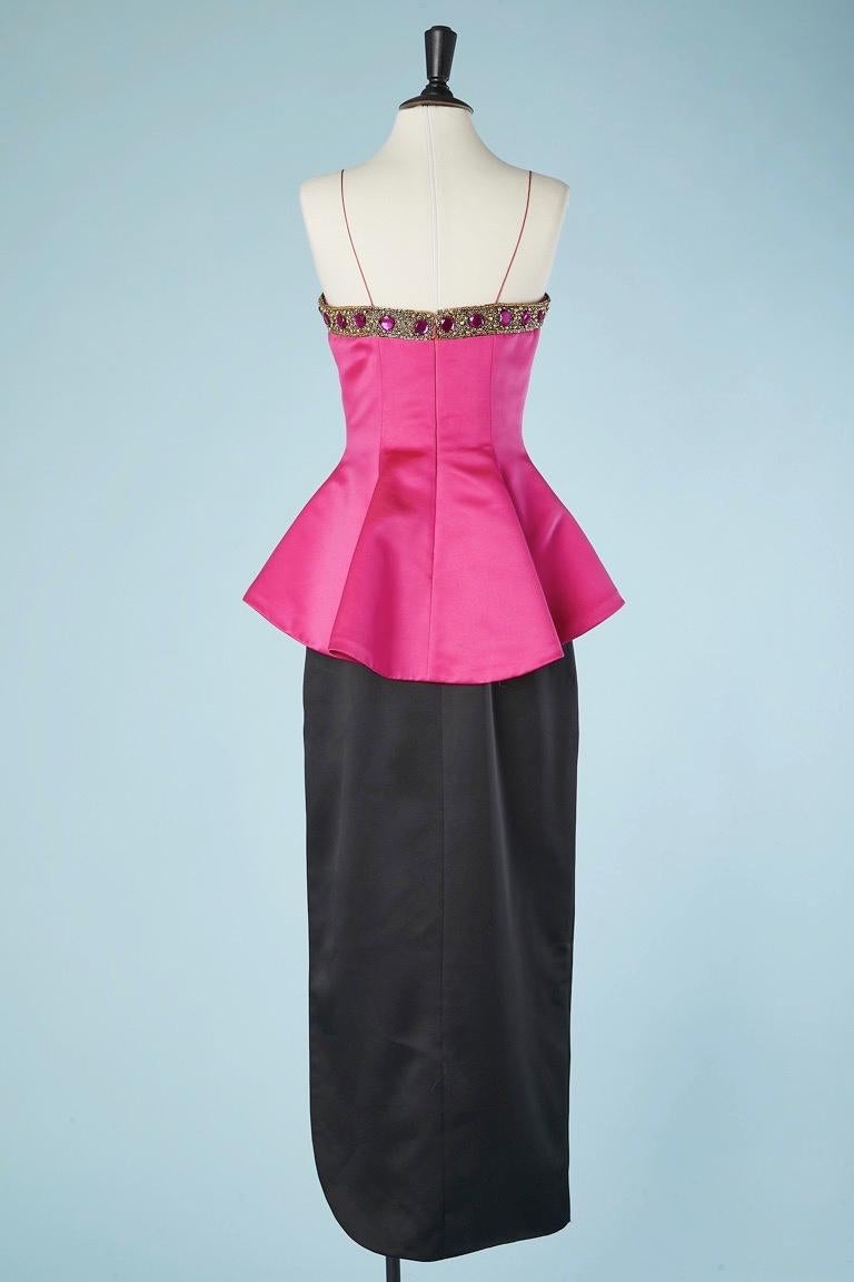 Fushia and black satin bustier evening gown with beaded work  Bill Blass  For Sale 1