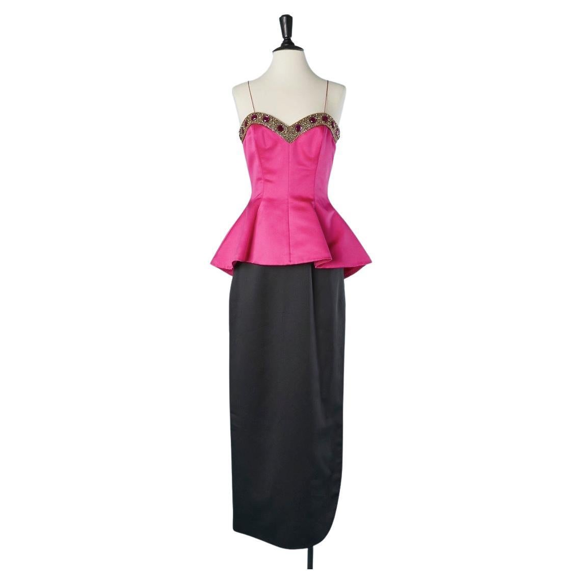 Fushia und schwarzes Satin-Bustier-Abendkleid mit Perlenbesatz  Bill Blass  im Angebot