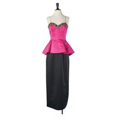 Fushia and black satin bustier evening gown with beaded work  Bill Blass 